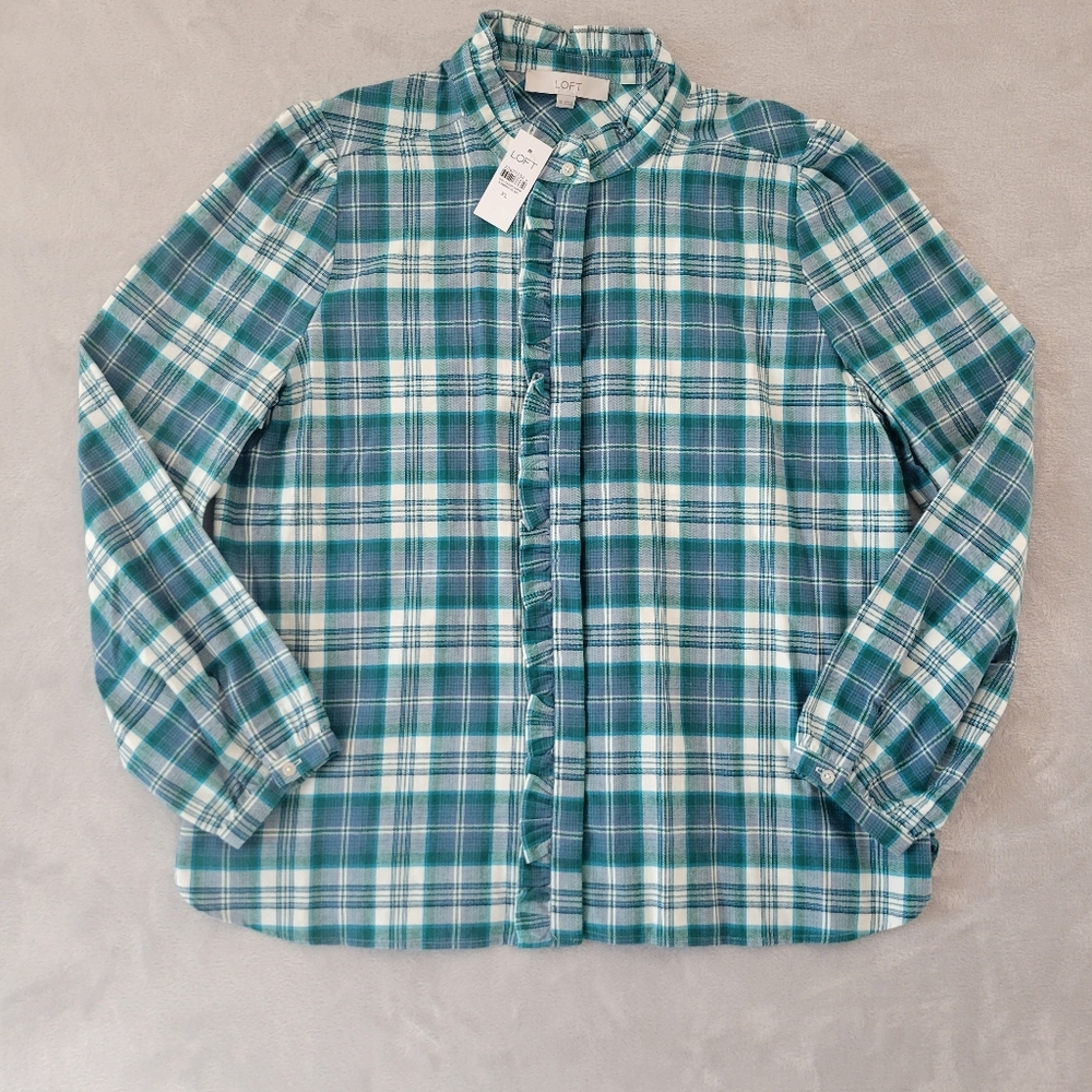 New LOFT Blue Plaid High Neck Ruffle Long Sleeve Top XL
